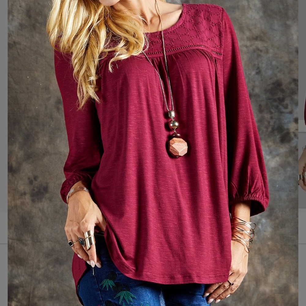 Cranberry 3/4 Sleeve Blouse, Eyelet Yoke